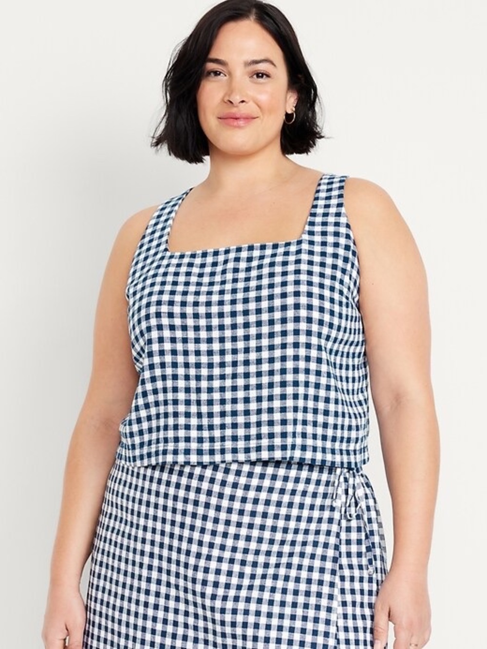NWT Old Navy Blue White Gingham Square Neck Linen Blend Crop Tank Top